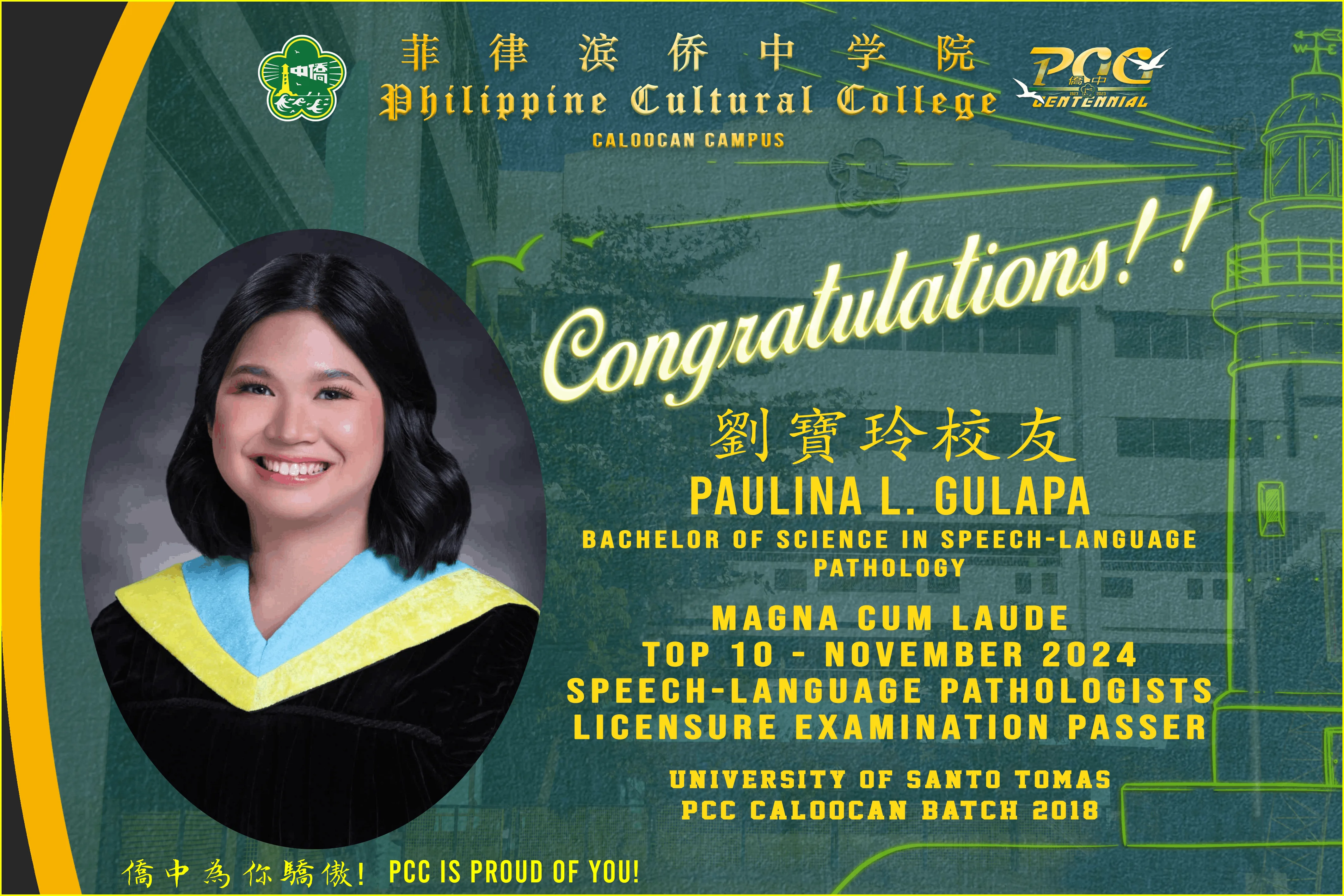 Magna Cum Laude -Top 10 Speech-Language Pathologists Licensure Examination Passer - University of Santo Tomas 